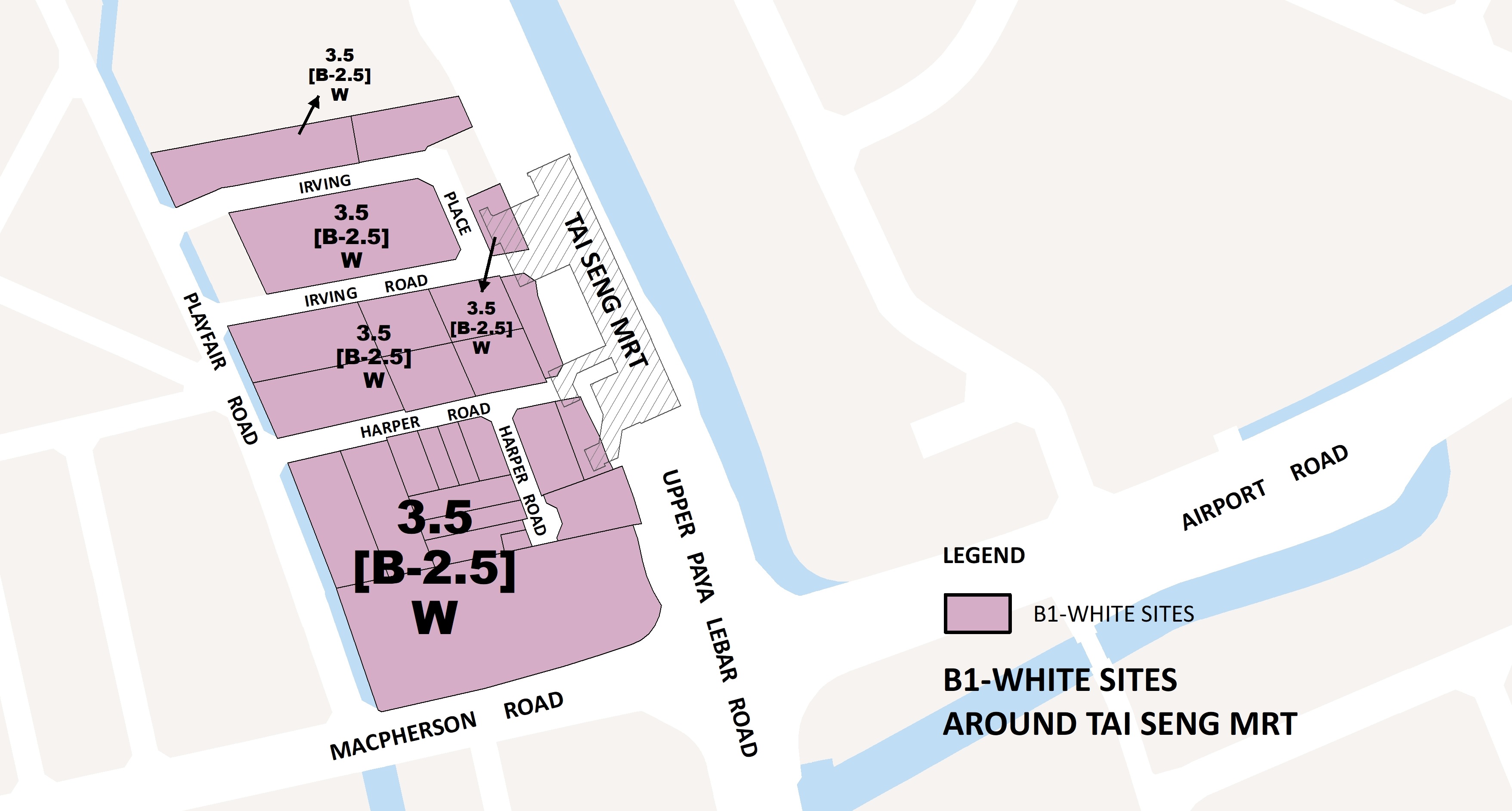 Map of B1-White sites around Tai Seng MRT, Singapore. Pink areas indicate potential development sites. Roads and building names are labeled.